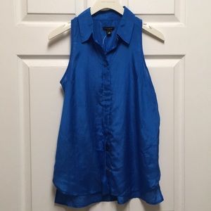 Sleeveless blue blouse, Size-2, silk/cotton blend. 52% Silk